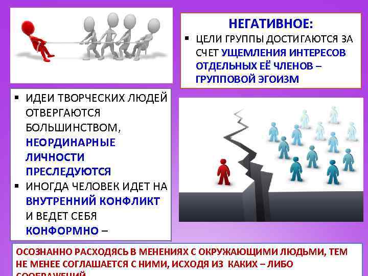 НЕГАТИВНОЕ: § ЦЕЛИ ГРУППЫ ДОСТИГАЮТСЯ ЗА СЧЕТ УЩЕМЛЕНИЯ ИНТЕРЕСОВ ОТДЕЛЬНЫХ ЕЁ ЧЛЕНОВ – ГРУППОВОЙ