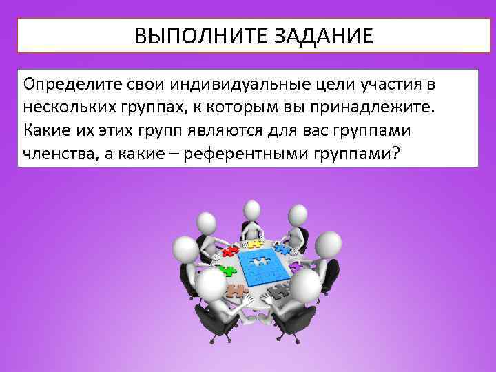 ВЫПОЛНИТЕ ЗАДАНИЕ Определите свои индивидуальные цели участия в нескольких группах, к которым вы принадлежите.