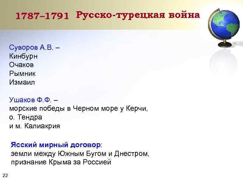 1787– 1791 Русско-турецкая война Суворов А. В. – Кинбурн Очаков Рымник Измаил Ушаков Ф.