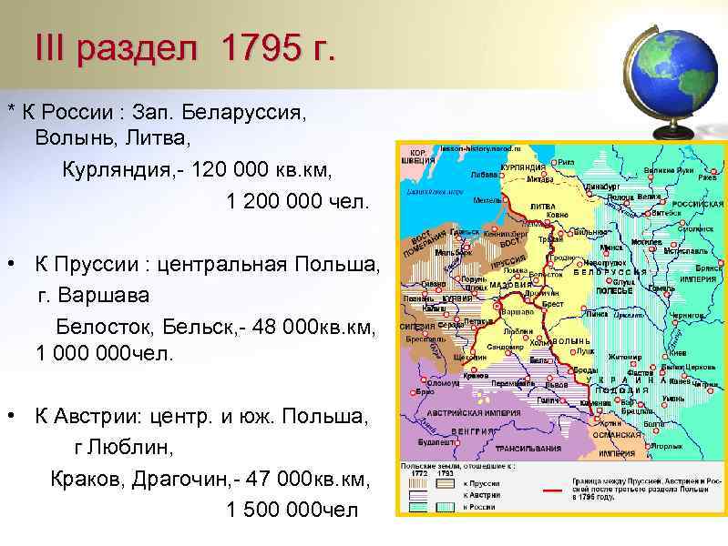 III раздел 1795 г. * К России : Зап. Беларуссия, Волынь, Литва, Курляндия, -