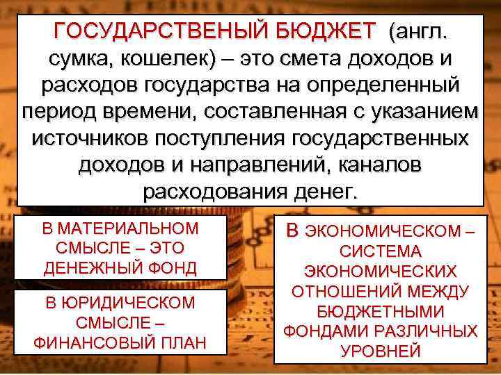 ГОСУДАРСТВЕНЫЙ БЮДЖЕТ (англ. сумка, кошелек) – это смета доходов и расходов государства на определенный