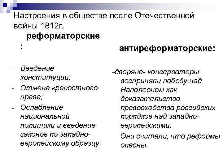 Настроения в обществе после Отечественной войны 1812 г. реформаторские : антиреформаторские: - Введение конституции;