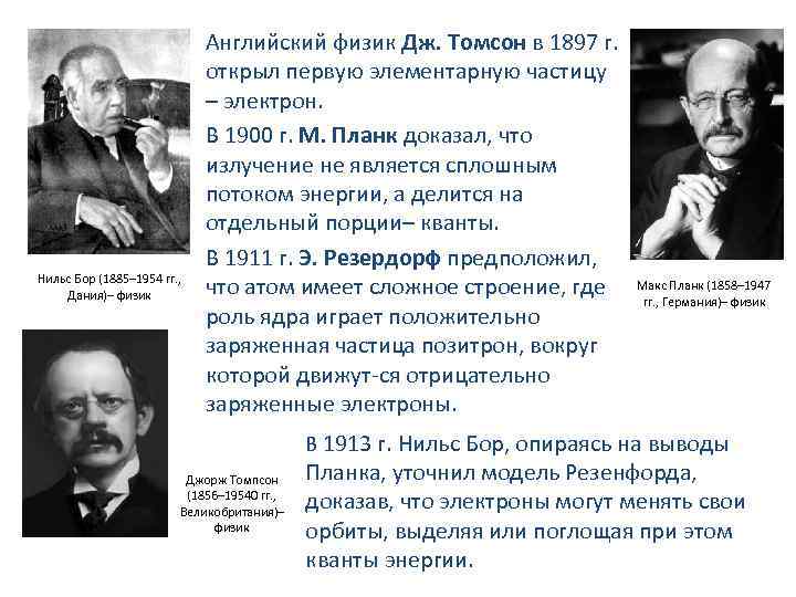 Нильс Бор (1885– 1954 гг. , Дания)– физик Английский физик Дж. Томсон в 1897