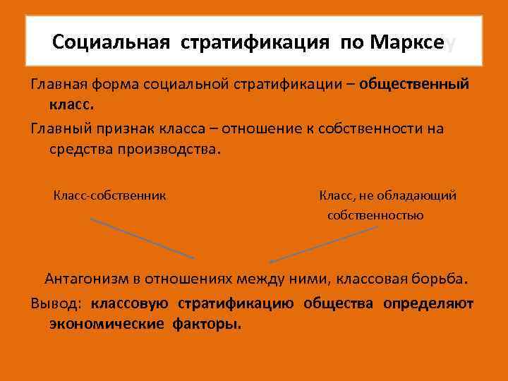 Социальная стратификация по Марксeу Главная форма социальной стратификации – общественный класс. Главный признак класса