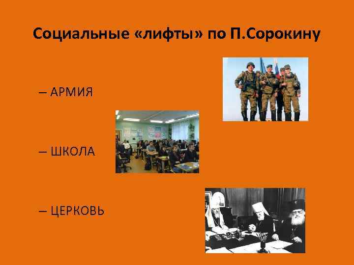 Социальные «лифты» по П. Сорокину – АРМИЯ – ШКОЛА – ЦЕРКОВЬ 