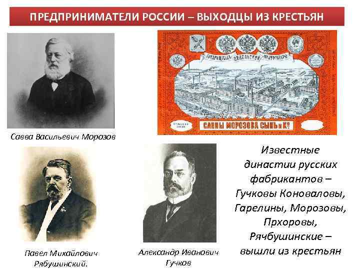 ПРЕДПРИНИМАТЕЛИ РОССИИ – ВЫХОДЦЫ ИЗ КРЕСТЬЯН Савва Васильевич Морозов Павел Михайлович Рябушинский. Александр Иванович