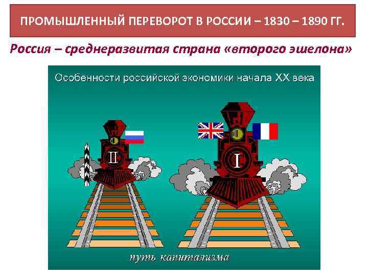 ПРОМЫШЛЕННЫЙ ПЕРЕВОРОТ В РОССИИ – 1830 – 1890 ГГ. Россия – среднеразвитая страна «второго