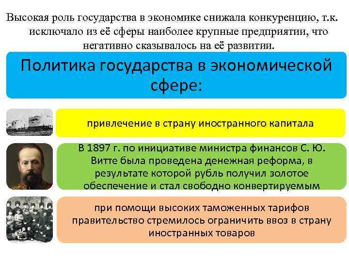 Высокая роль государства в экономике снижала конкуренцию, т. к. исключало из её сферы наиболее