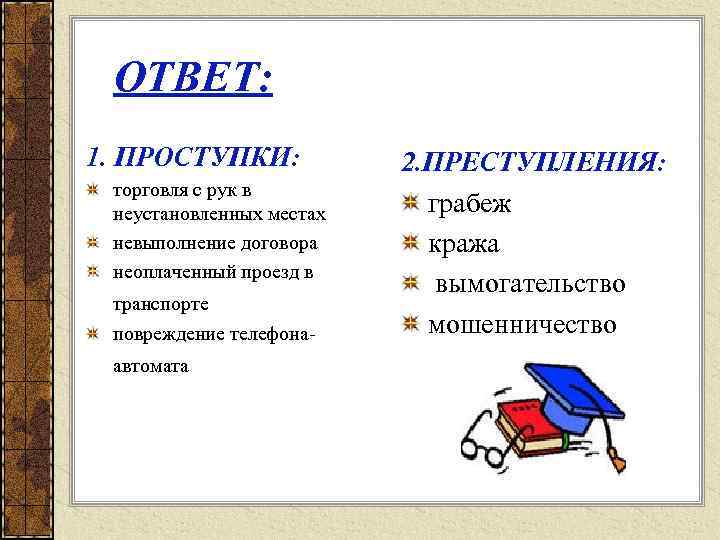 ОТВЕТ: 1. ПРОСТУПКИ: торговля с рук в неустановленных местах невыполнение договора неоплаченный проезд в