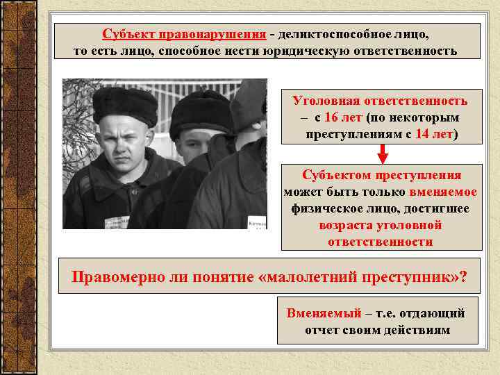 Субъект правонарушения - деликтоспособное лицо, то есть лицо, способное нести юридическую ответственность Уголовная ответственность