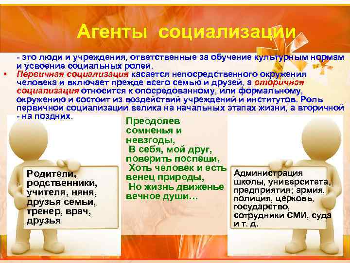 Агенты социализации • - это люди и учреждения, ответственные за обучение культурным нормам и