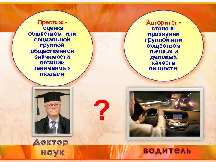 Престиж оценка обществом или социальной группой общественной значимости позиций занимаемых людьми Авторитет степень признания