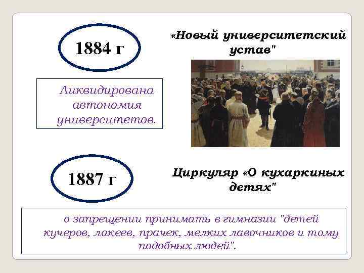 1884 г «Новый университетский устав" Ликвидирована автономия университетов. 1887 г Циркуляр «О кухаркиных детях"