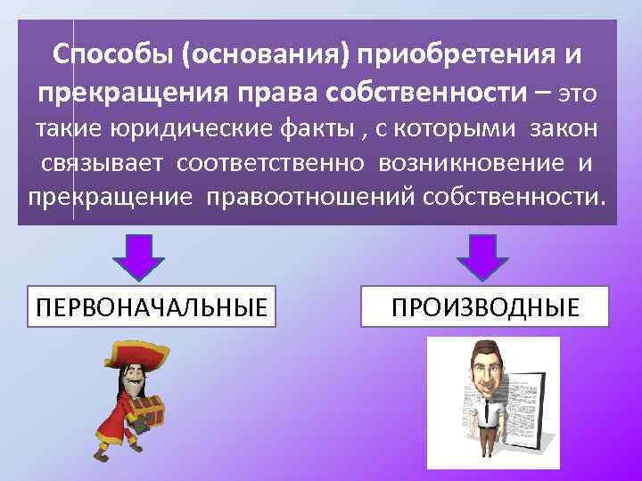 Способы (основания) приобретения и прекращения права собственности – это такие юридические факты , с