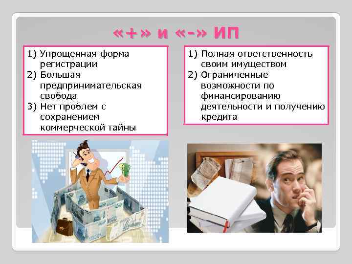  «+» и «-» ИП 1) Упрощенная форма регистрации 2) Большая предпринимательская свобода 3)