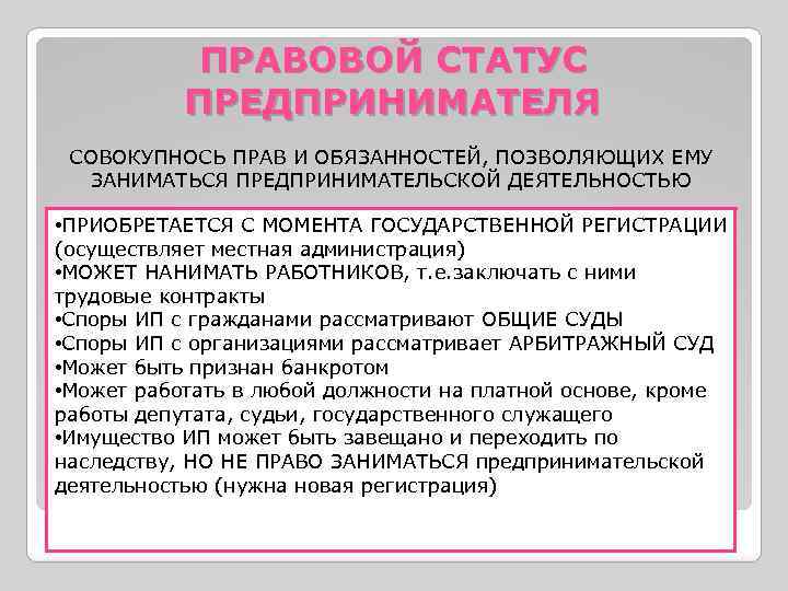 Статус индивидуального предпринимателя. Правовой статус индивидуального предпринимателя схема. Правовой статус предпринимателя. Охарактеризуйте правовой статус предпринимателя.