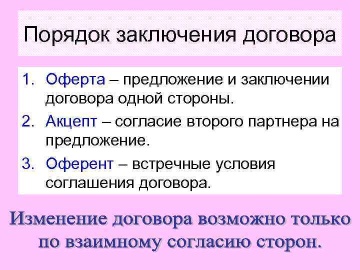 Порядок заключения договора 1. Оферта – предложение и заключении договора одной стороны. 2. Акцепт