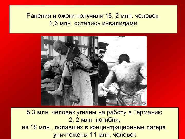 Ранения и ожоги получили 15, 2 млн. человек, 2, 6 млн. остались инвалидами 5,