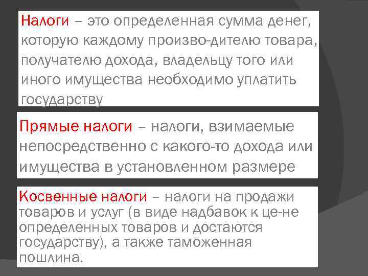 Налоги – это определенная сумма денег, которую каждому произво-дителю товара, получателю дохода, владельцу того