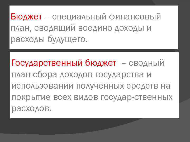 Бюджет – специальный финансовый план, сводящий воедино доходы и расходы будущего. Государственный бюджет –
