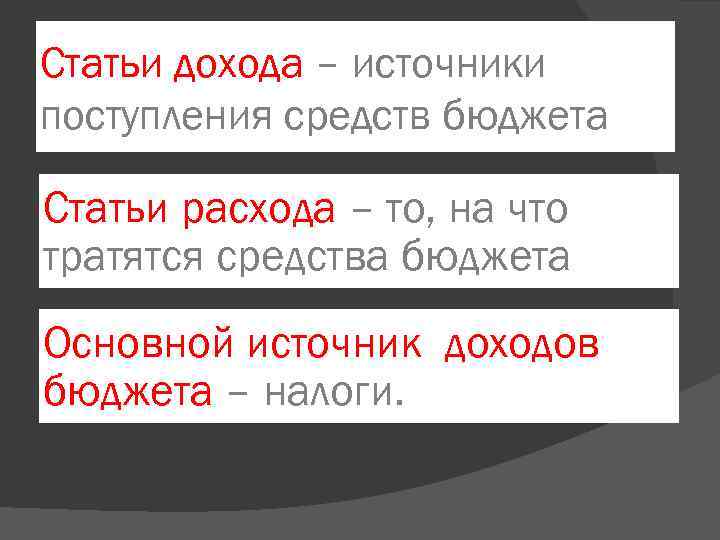 Статьи дохода – источники поступления средств бюджета Статьи расхода – то, на что тратятся