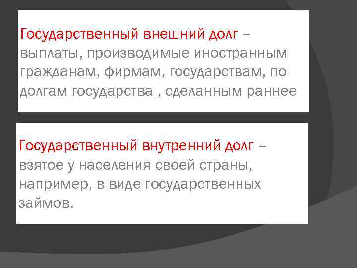 Государственный внешний долг – выплаты, производимые иностранным гражданам, фирмам, государствам, по долгам государства ,
