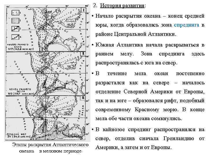 2. История развития: • Начало раскрытия океана – конец средней юры, когда образовалась зона