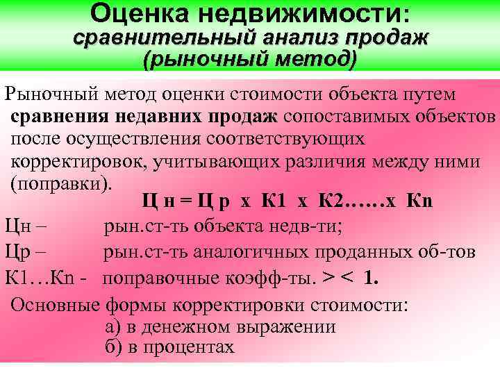 Оценка недвижимости: сравнительный анализ продаж (рыночный метод) Рыночный метод оценки стоимости объекта путем сравнения