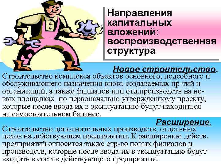 Направления капитальных вложений: воспроизводственная структура Новое строительство. Строительство комплекса объектов основного, подсобного и обслуживающего