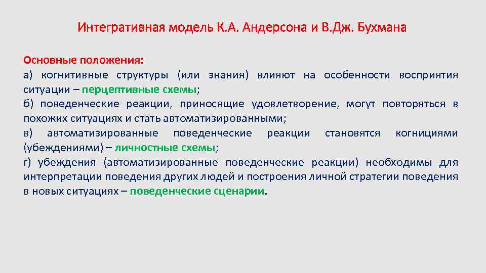 Интегративная модель К. А. Андерсона и В. Дж. Бухмана Основные положения: а) когнитивные структуры