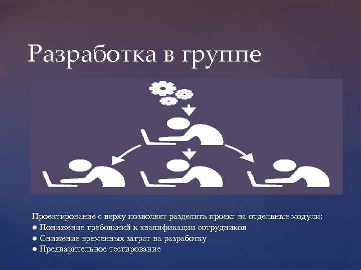 Разработка в группе Проектирование с верху позволяет разделить проект на отдельные модули: ● Понижение