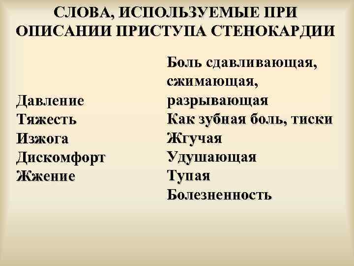 СЛОВА, ИСПОЛЬЗУЕМЫЕ ПРИ ОПИСАНИИ ПРИСТУПА СТЕНОКАРДИИ Давление Тяжесть Изжога Дискомфорт Жжение Боль сдавливающая, сжимающая,