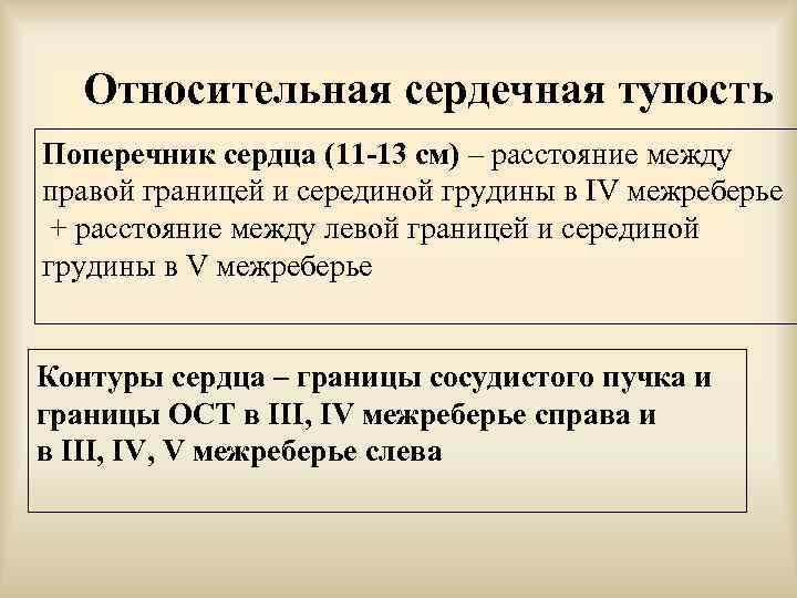 Относительная сердечная тупость Поперечник сердца (11 -13 см) – расстояние между правой границей и