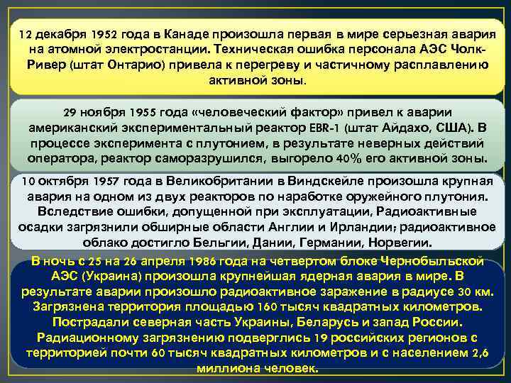 12 декабря 1952 года в Канаде произошла первая в мире серьезная авария на атомной