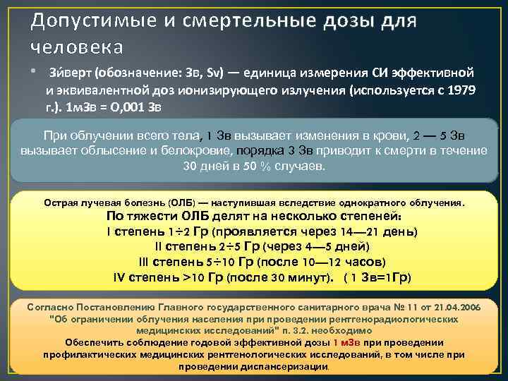 Допустимые и смертельные дозы для человека • Зи верт (обозначение: Зв, Sv) — единица