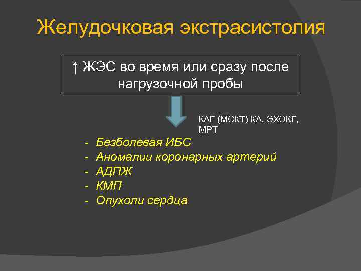 Желудочковая экстрасистолия ↑ ЖЭС во время или сразу после нагрузочной пробы КАГ (МСКТ) КА,