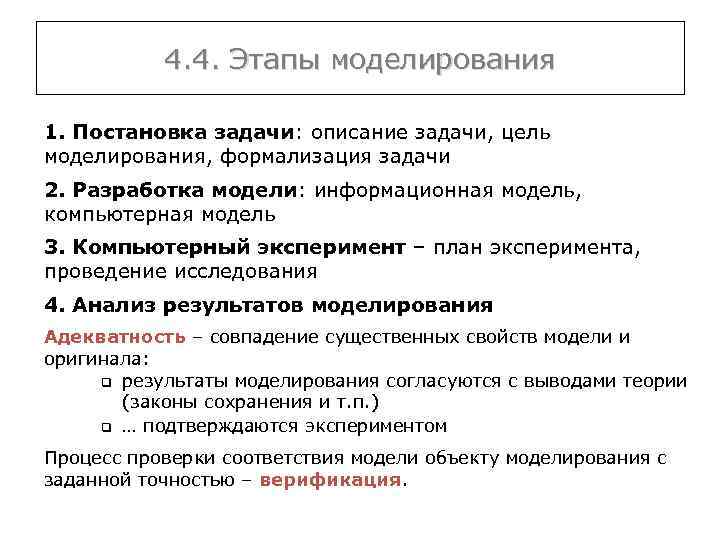 4. 4. Этапы моделирования 1. Постановка задачи: описание задачи, цель моделирования, формализация задачи 2.