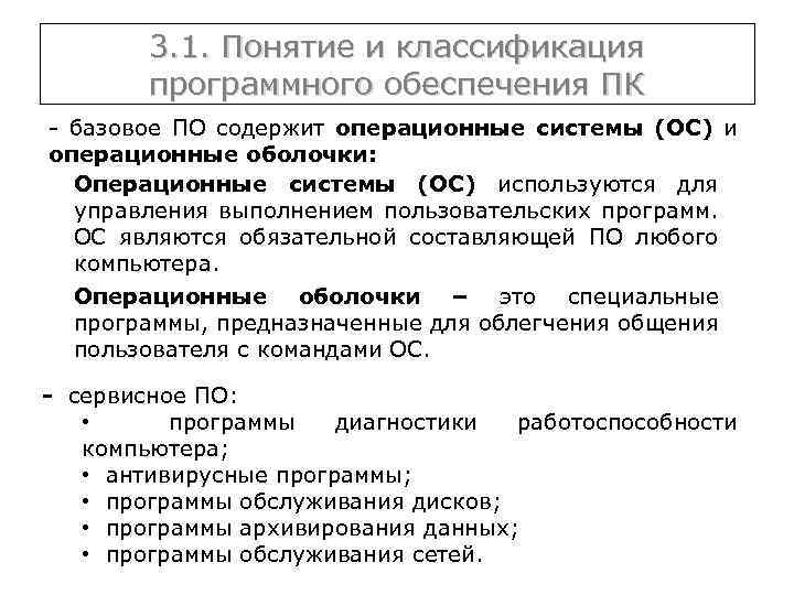 3. 1. Понятие и классификация программного обеспечения ПК - базовое ПО содержит операционные системы