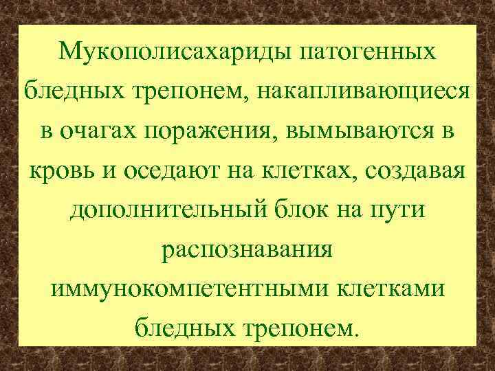 Мукополисахариды патогенных бледных трепонем, накапливающиеся в очагах поражения, вымываются в кровь и оседают на