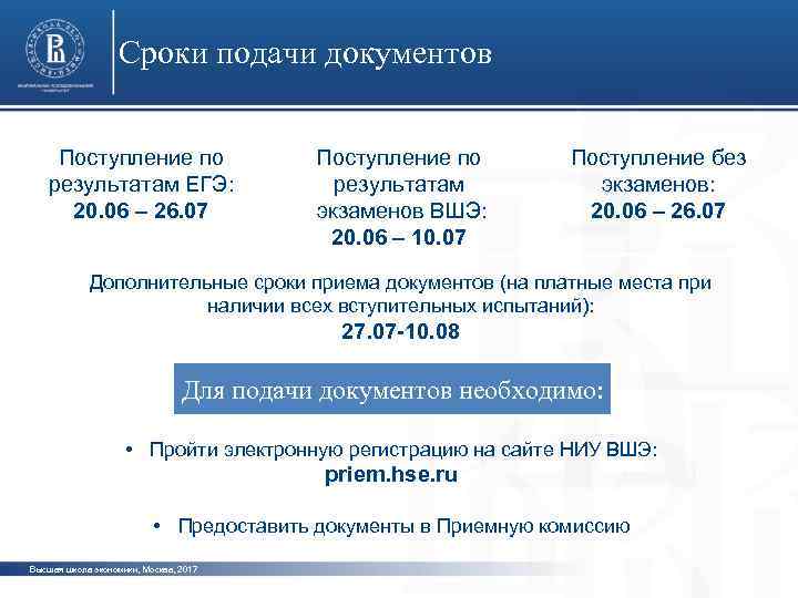 Сроки подачи документов Поступление по результатам ЕГЭ: 20. 06 – 26. 07 Поступление по