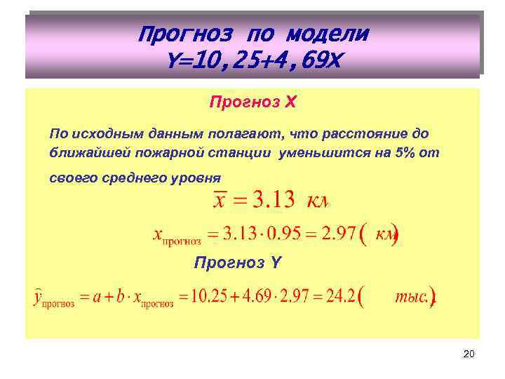 Прогноз по модели Y=10, 25+4, 69 X Прогноз Х По исходным данным полагают, что
