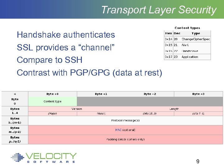 Transport Layer Security Handshake authenticates SSL provides a “channel” Compare to SSH Contrast with