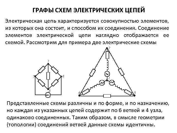 ГРАФЫ СХЕМ ЭЛЕКТРИЧЕСКИХ ЦЕПЕЙ Электрическая цепь характеризуется совокупностью элементов, из которых она состоит, и