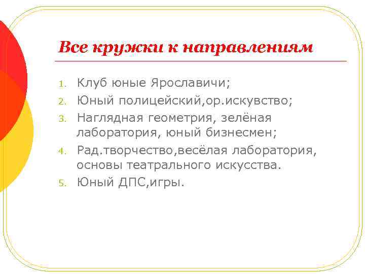Все кружки к направлениям 1. 2. 3. 4. 5. Клуб юные Ярославичи; Юный полицейский,