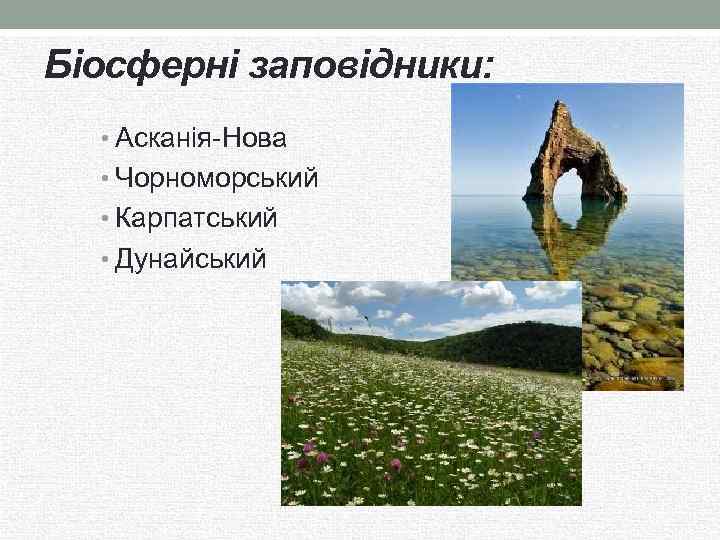 Біосферні заповідники: • Асканія-Нова • Чорноморський • Карпатський • Дунайський 