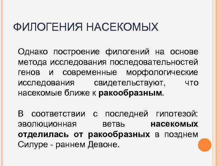 ФИЛОГЕНИЯ НАСЕКОМЫХ Однако построение филогений на основе метода исследования последовательностей генов и современные морфологические