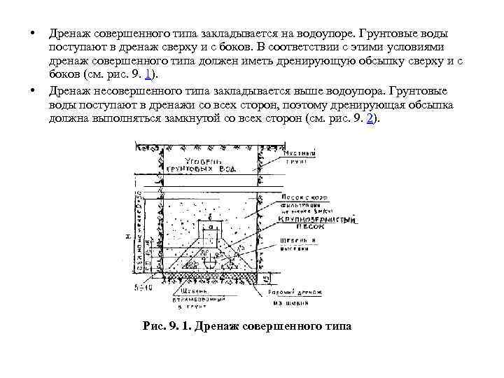  • • Дренаж совершенного типа закладывается на водоупоре. Грунтовые воды поступают в дренаж