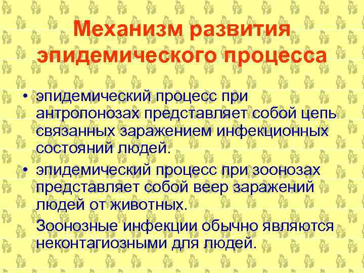 Механизм развития эпидемического процесса • эпидемический процесс при антропонозах представляет собой цепь связанных заражением