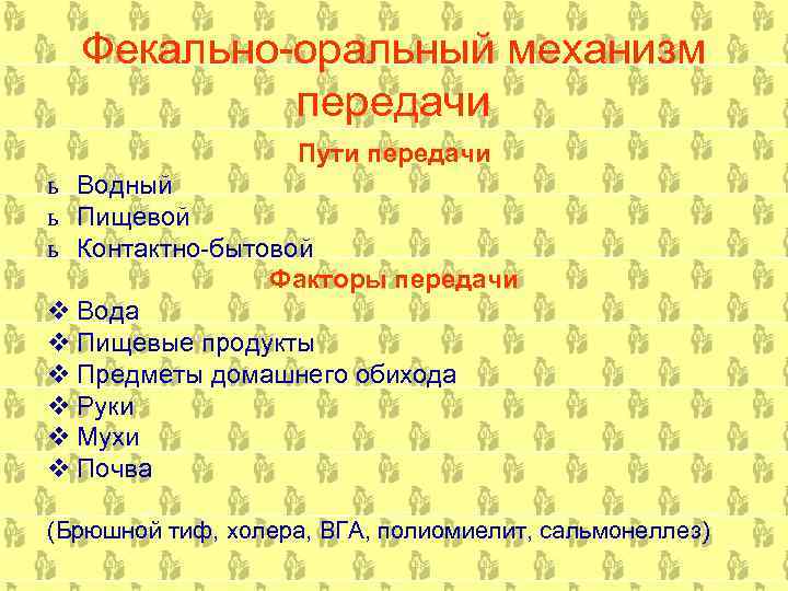 Фекально оральный механизм передачи Пути передачи ь Водный ь Пищевой ь Контактно бытовой Факторы