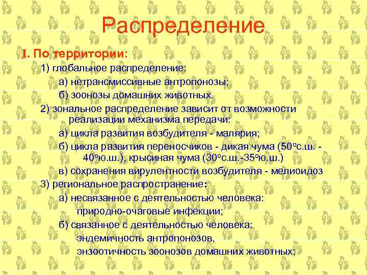 Распределение I. По территории: 1) глобальное распределение: а) нетрансмиссивные антропонозы; б) зоонозы домашних животных.